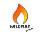 WildfireInfinity Logo – stilisierte orange-gelbe Flamme mit Schriftzug „Wildfire Infinity“, Outdoor- und Camping-Marke.
